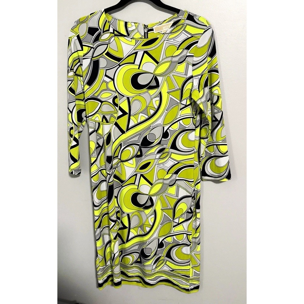 Michael Michael Kors Dress Women's Shift  Size 4 Green Gray Geometric 3/4 Sleeve